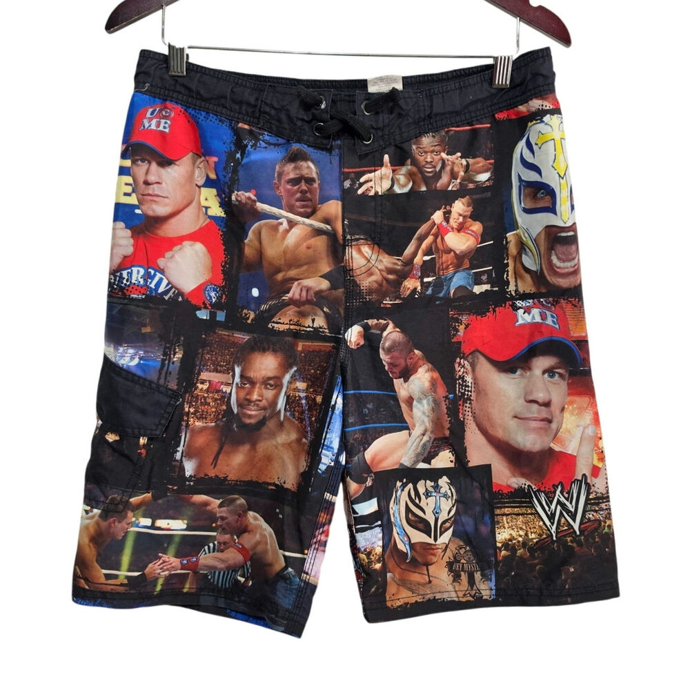 WWF Wresting Swim Shorts Youth Size L 10/12 Oversized Tie Waist Summer Beach